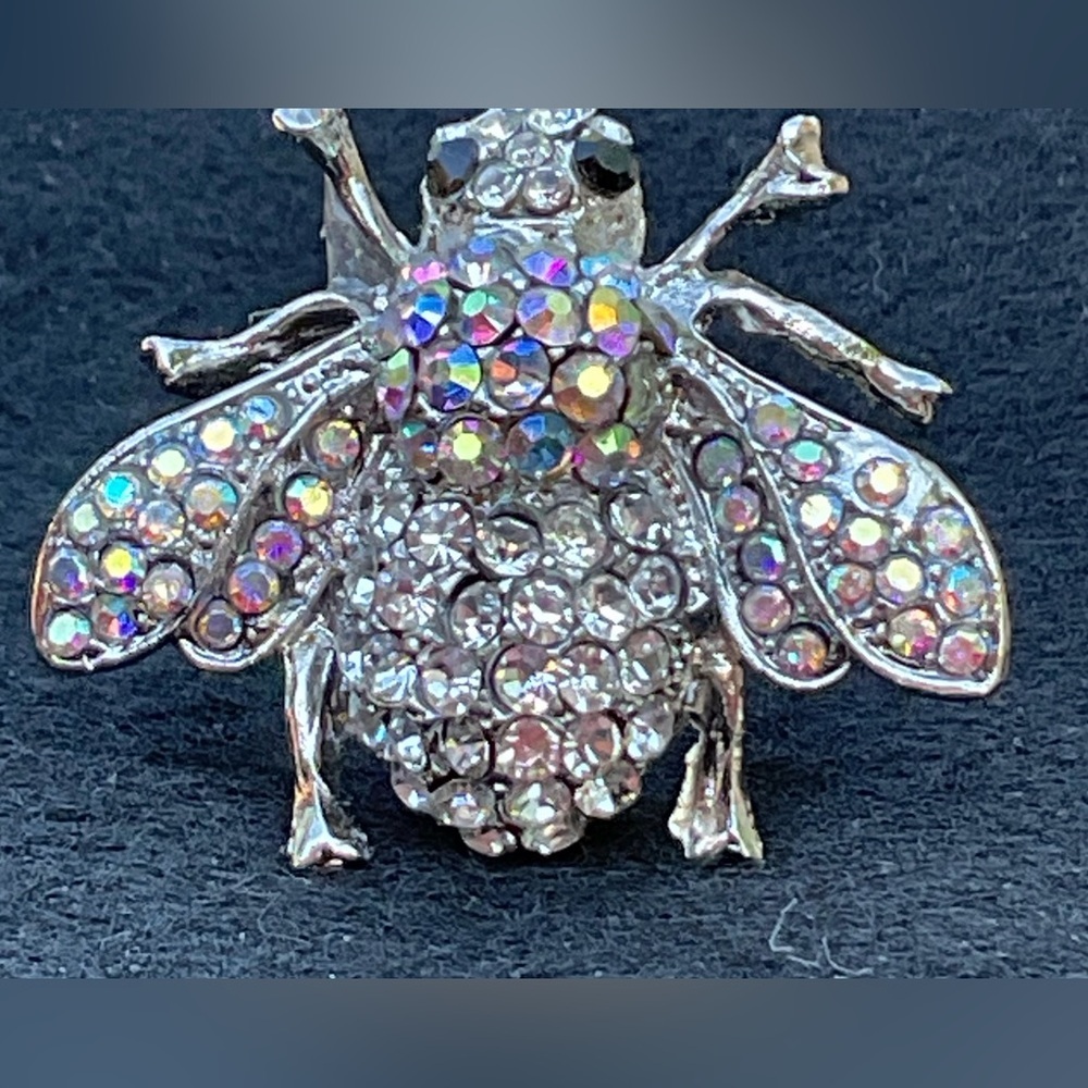Crystal Rhinestone Bee Ring Silver Tone Sparkling Insect Statement Cocktail Luxe